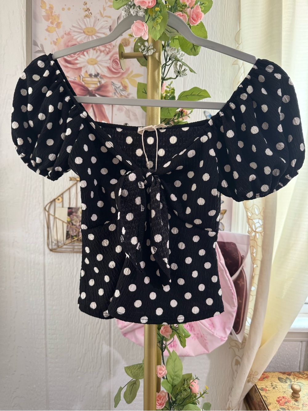 Black Polka Dot Puff-Sleeve Tie-Front Top